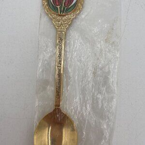 Gold Souvenir Spoon With Floral Enamel Design & "I Will Bloom Where I Am Planted